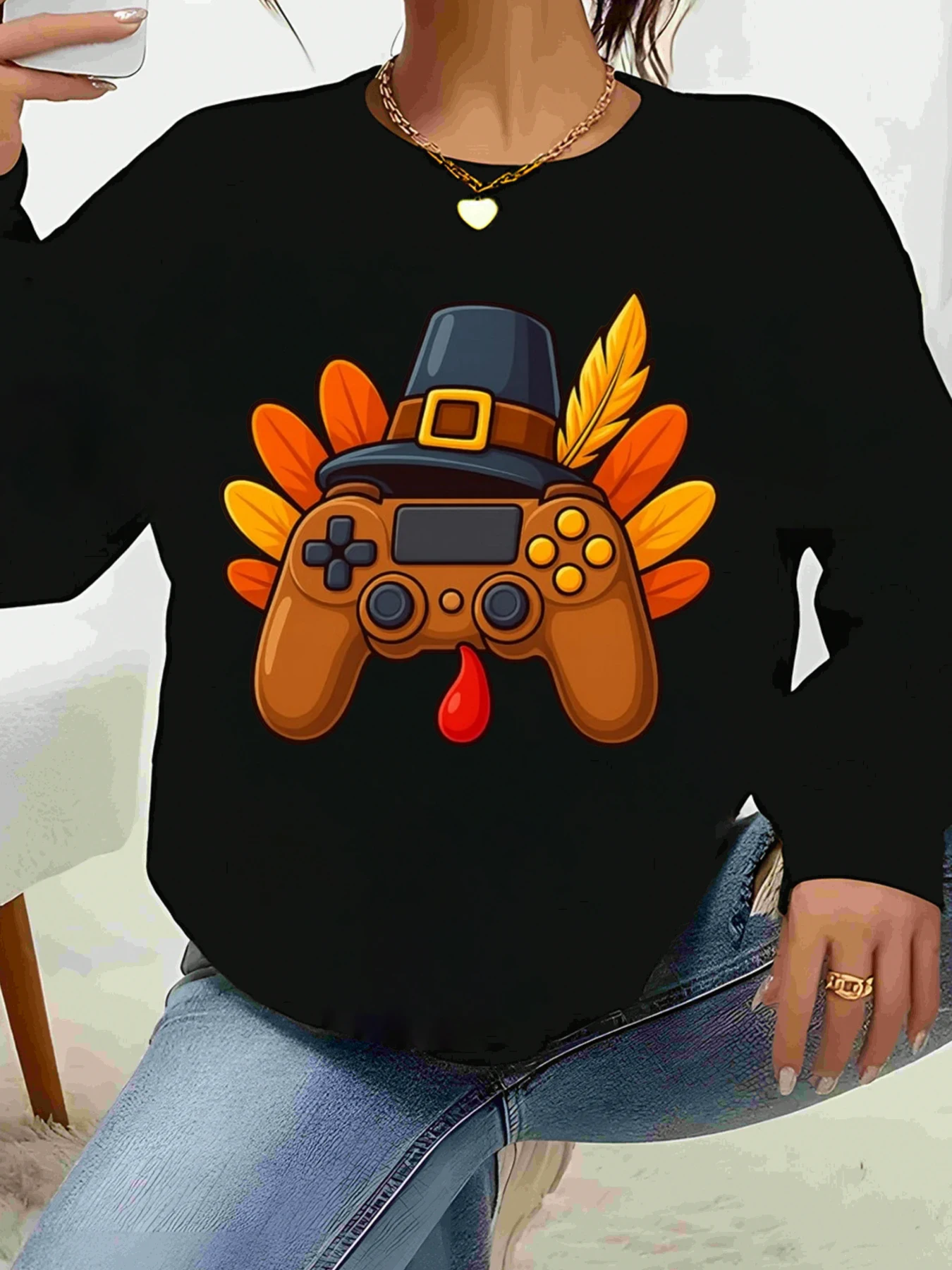 Thanksgiving Turkey Game Controller Print Long Sleeve Top Casual Wear Women's Fashion
Thanksgiving Turkey Game Controller Print Long Sleeve Top Casual Wear Women's Fashion