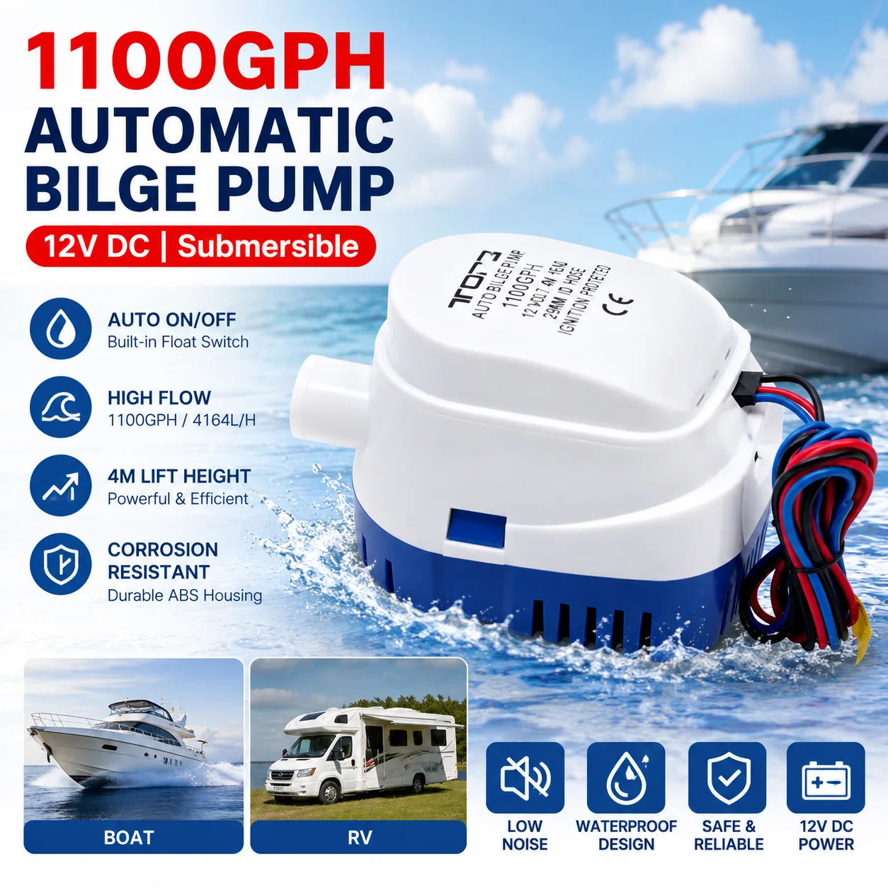 12V 1100GPH RV Water Supply Pump Bilge Pump Submersible for Yacht RV Engine Fast Drainage Submersible DC Water Pump Yacht Pump
12V 1100GPH RV Water Supply Pump Bilge Pump Submersible for Yacht RV Engine Fast Drainage Submersible DC Water Pump Yacht Pump