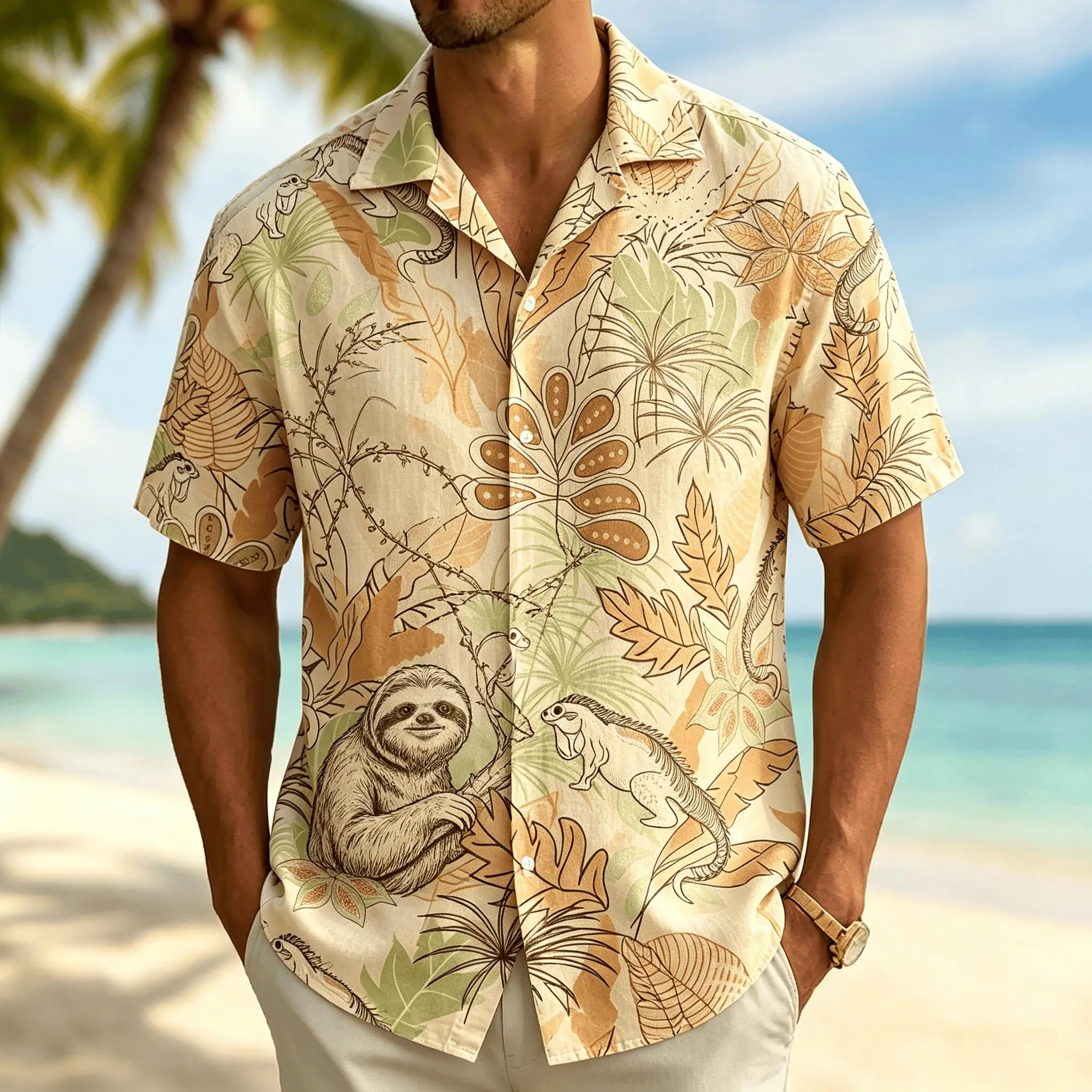 Men's Beige Sloth & Lizard Print Short Sleeve Shirt, Casual Hawaiian Button Down Top with Tropical Leaves for Spring Summer
Men's Beige Sloth & Lizard Print Short Sleeve Shirt, Casual Hawaiian Button Down Top with Tropical Leaves for Spring Summer