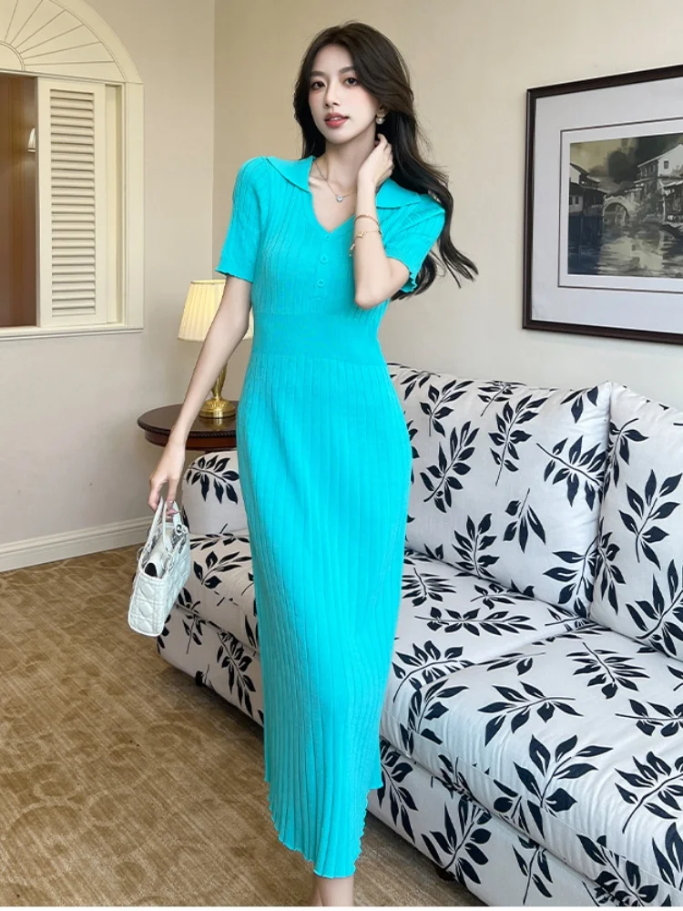 SMTHMA Korean Chic High-End Short Sleeved V-Neck Knitted Dress Women's High Waisted Slimming Summer Long Dresses
SMTHMA Korean Chic High-End Short Sleeved V-Neck Knitted Dress Women's High Waisted Slimming Summer Long Dresses