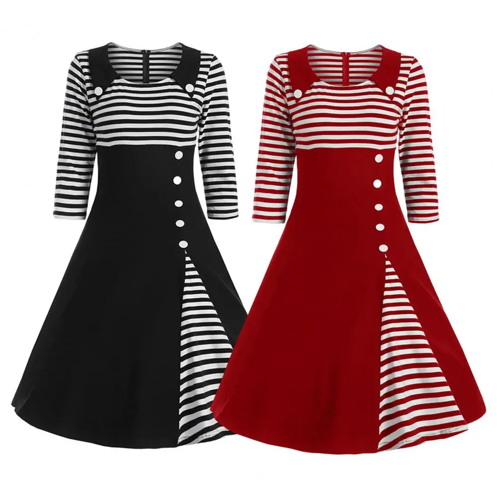 Women 50s Dress Retro Dress Vintage-inspired Striped Midi Dresses A-line Silhouette Half Sleeves Back Zipper Button Ladies Dress
Women 50s Dress Retro Dress Vintage-inspired Striped Midi Dresses A-line Silhouette Half Sleeves Back Zipper Button Ladies Dress
