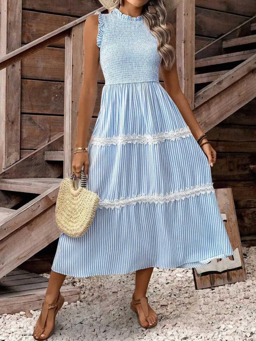 Casual Striped Lace Trim Sleeveless Midi Dress For Women
Casual Striped Lace Trim Sleeveless Midi Dress For Women