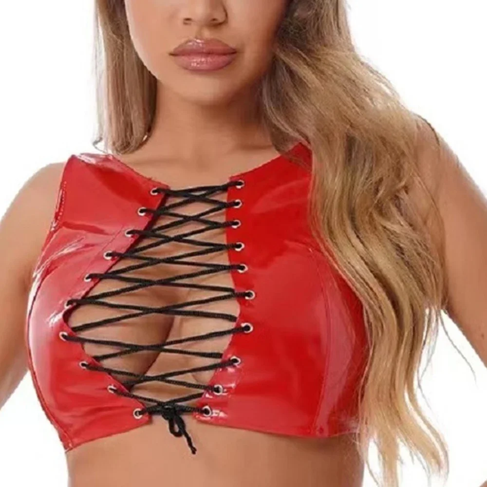 Women Hollow Out Bondage Lace-Up Tanks Tops Wet Look Patent Leather Sleeveless Cropped Top Gothic Vest Pole Dance Party Clubwear
Women Hollow Out Bondage Lace-Up Tanks Tops Wet Look Patent Leather Sleeveless Cropped Top Gothic Vest Pole Dance Party Clubwear