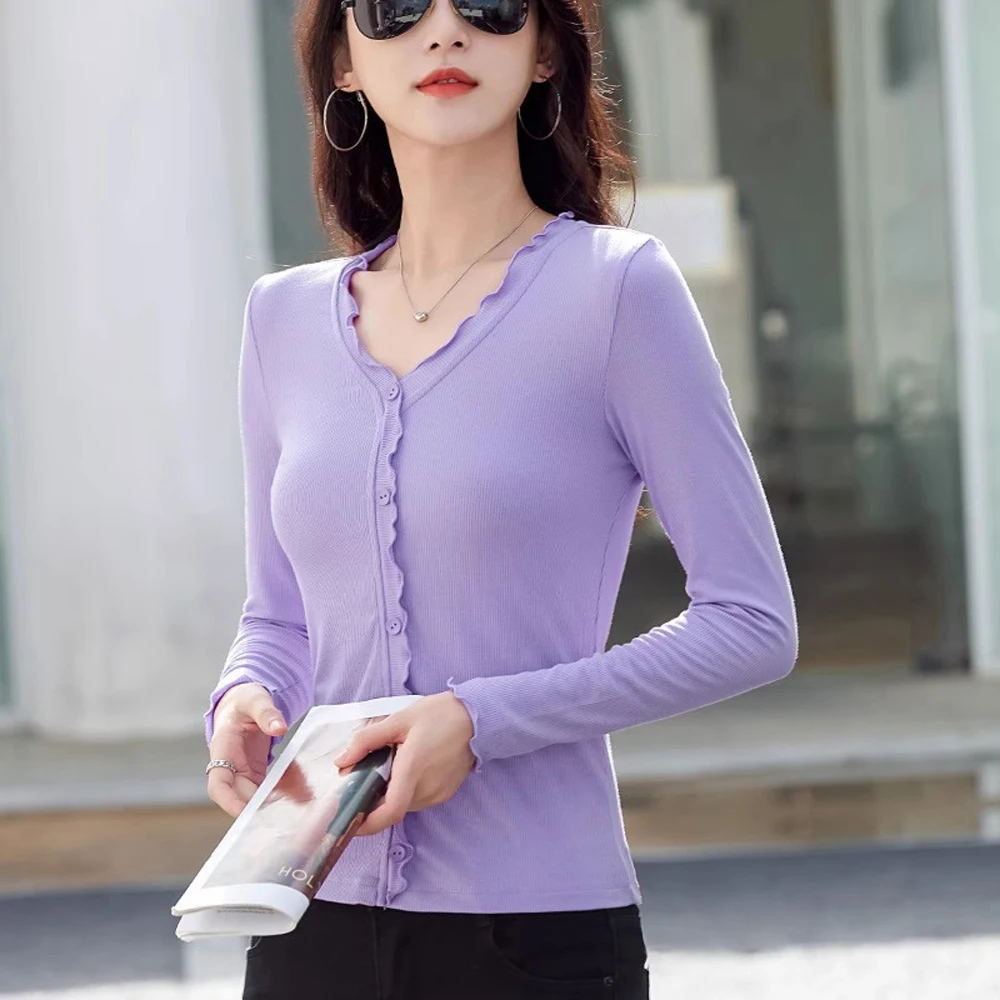 Korean version purple pure cotton long sleeved T-shirt for women's spring and autumn new fashion casual slim fit plus V-neck top
Korean version purple pure cotton long sleeved T-shirt for women's spring and autumn new fashion casual slim fit plus V-neck top
