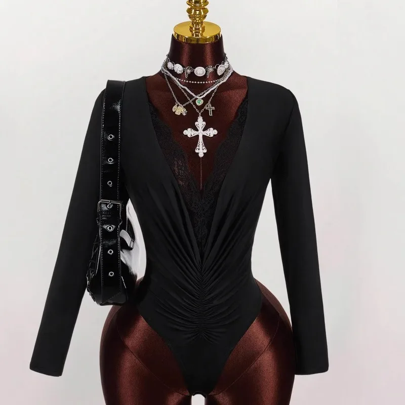 Women Sexy Lace Patchwork Solid Ruched Bodysuits Deep V Neck Long Sleeve Casual Slim Tops Streetwear Rompers Clubwear Tees
Women Sexy Lace Patchwork Solid Ruched Bodysuits Deep V Neck Long Sleeve Casual Slim Tops Streetwear Rompers Clubwear Tees