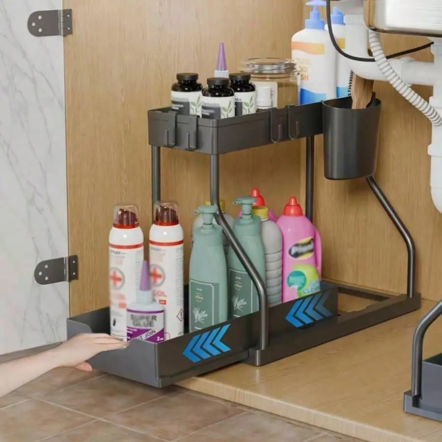Double-Layer Pull-Out Plastic Material Sink Under Storage Rack With Sliding Drawers - Multi-Functional Kitchen Bathroom Storage Solution: Black Sink Under Storage Rack And Storage Cabinet
Double-Layer Pull-Out Plastic Material Sink Under Storage Rack With Sliding Drawers - Multi-Functional Kitchen Bathroom Storage Solution: Black Sink Under Storage Rack And Storage Cabinet