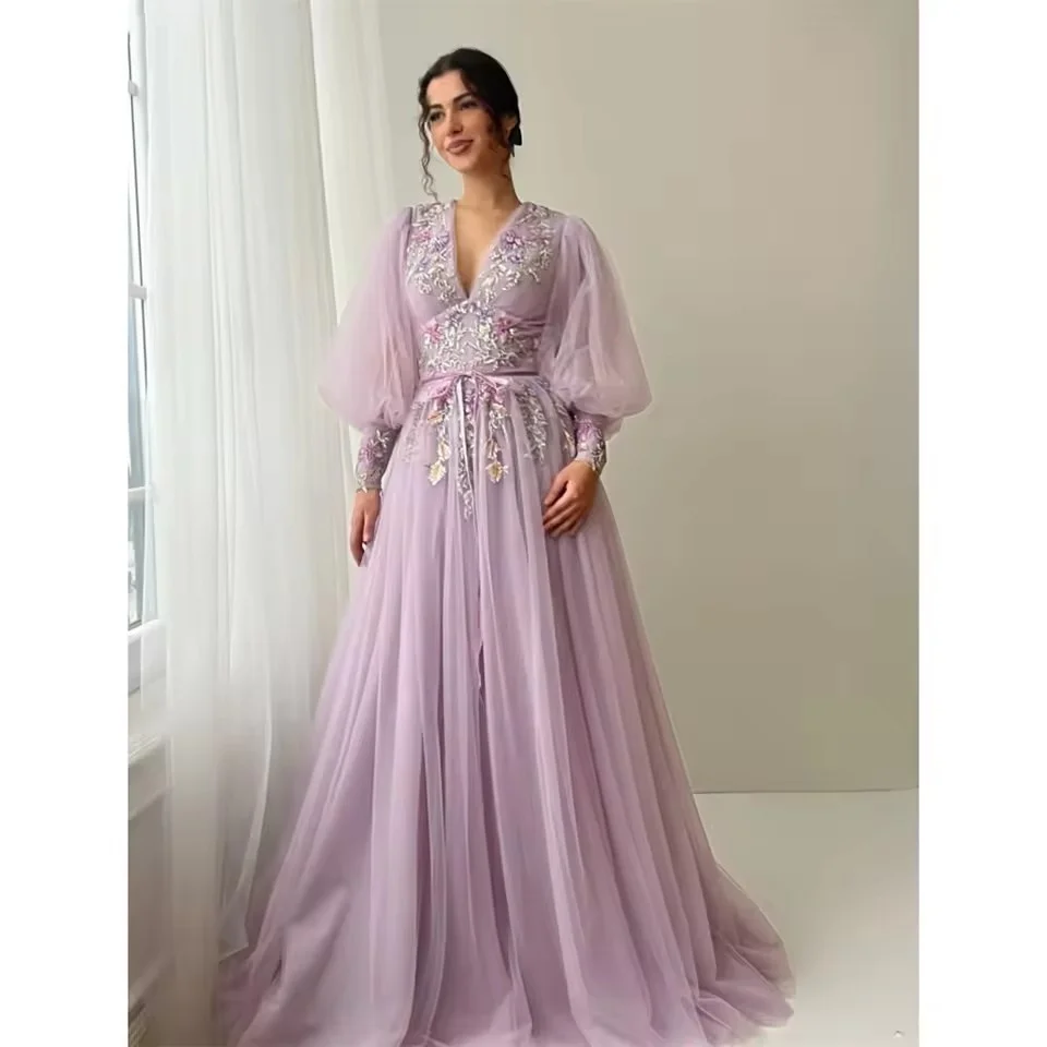 Customized Spring Lavende A-line Floral Embroidery Prom Dress Pleats Puff Sleeve Vestidos De Noche Floor-Length Formal Gown
Customized Spring Lavende A-line Floral Embroidery Prom Dress Pleats Puff Sleeve Vestidos De Noche Floor-Length Formal Gown