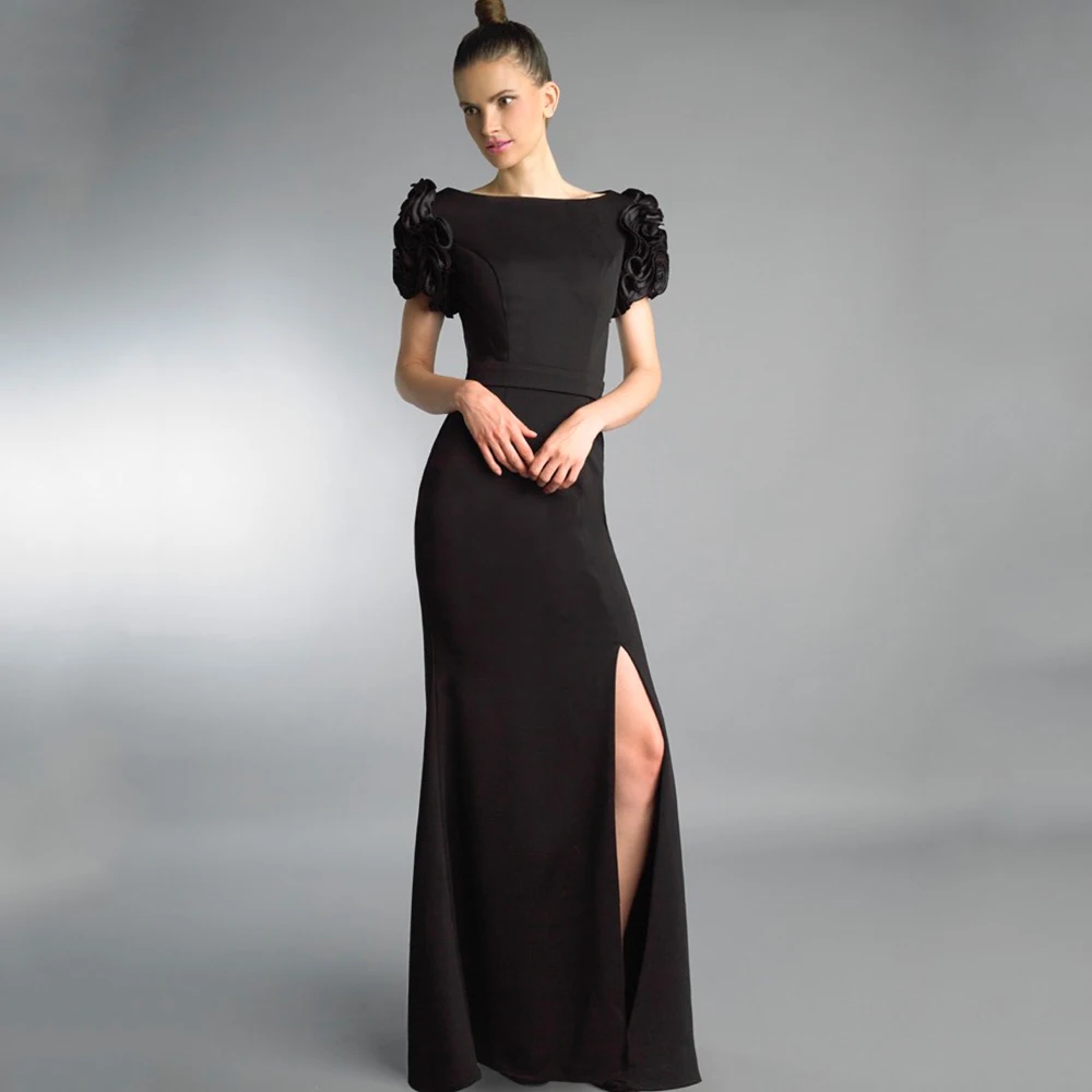 Simple Scoop Neck Straight Evening Dress Sexy Side Slit with Short Ruffles Sleeves and Belt Women Floor Length Party Gowns
Simple Scoop Neck Straight Evening Dress Sexy Side Slit with Short Ruffles Sleeves and Belt Women Floor Length Party Gowns