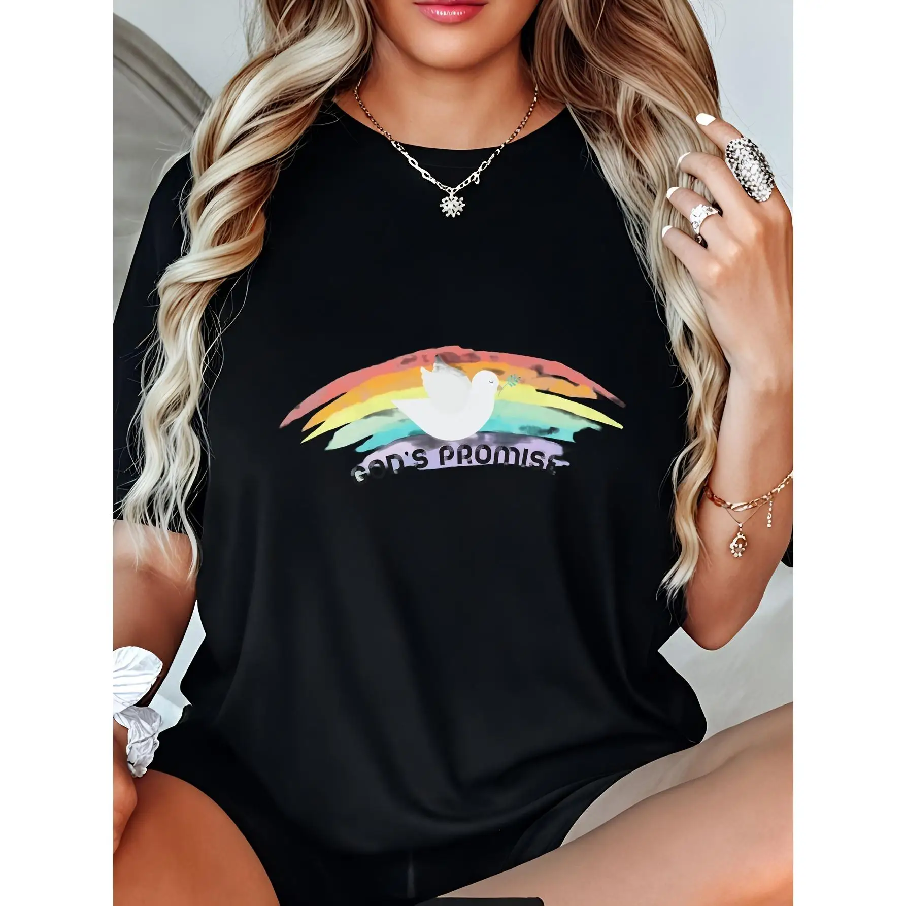 Women's Black Casual Short Sleeve T-Shirt - Rainbow Dove & "Peace Promises" Graphic Print, Soft Round Neck Tee, Machine Washable
Women's Black Casual Short Sleeve T-Shirt - Rainbow Dove & "Peace Promises" Graphic Print, Soft Round Neck Tee, Machine Washable