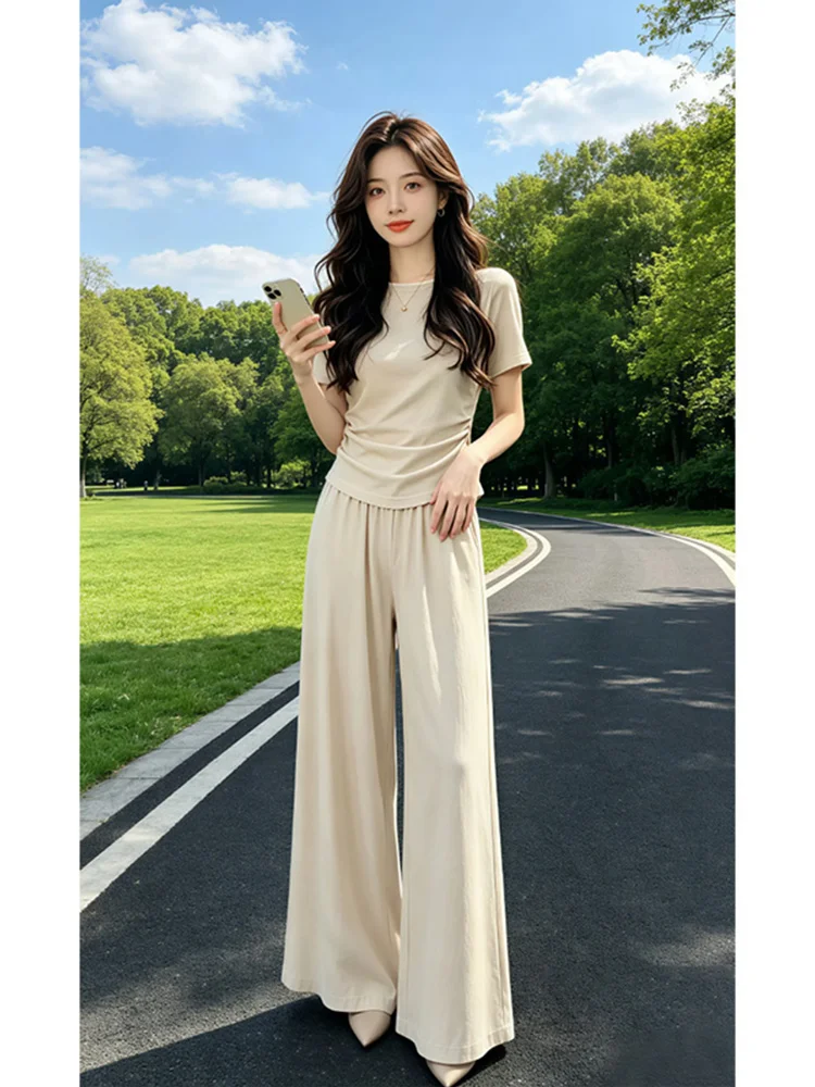 Korean Loose Feel Lazy Women's Summer New Pure Color Waist-Cinching Short Sleeve T-Shirt Wide Leg Pants Two-Piece Set
Korean Loose Feel Lazy Women's Summer New Pure Color Waist-Cinching Short Sleeve T-Shirt Wide Leg Pants Two-Piece Set