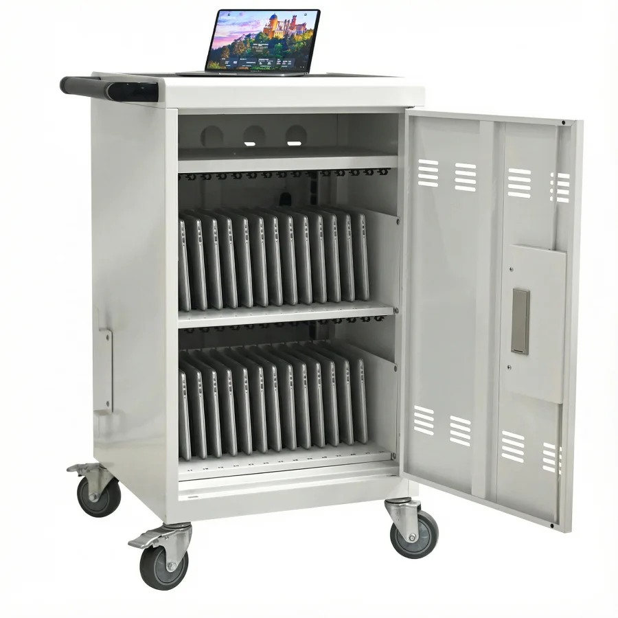 Mobile charging cart and cabinet for tablets and laptops, ABS plastic, white, 30-device capacity with combination lock
Mobile charging cart and cabinet for tablets and laptops, ABS plastic, white, 30-device capacity with combination lock