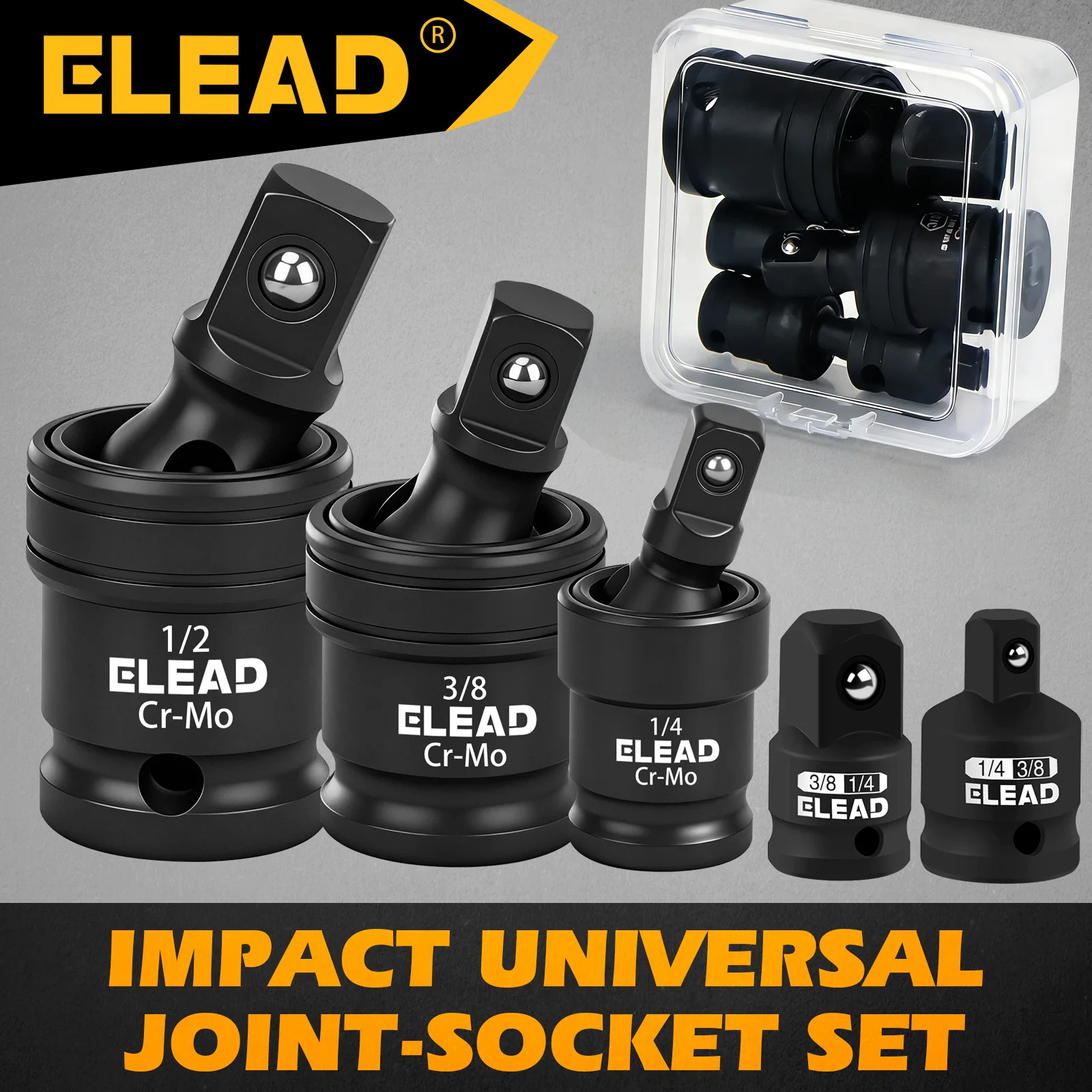 ELEAD 5PC Impact Universal Joint Socket Set,1/4" 3/8" 1/2" Drive 360° Swivel Adapter with 2Pcs Reducer, with Storage Case
ELEAD 5PC Impact Universal Joint Socket Set,1/4" 3/8" 1/2" Drive 360° Swivel Adapter with 2Pcs Reducer, with Storage Case