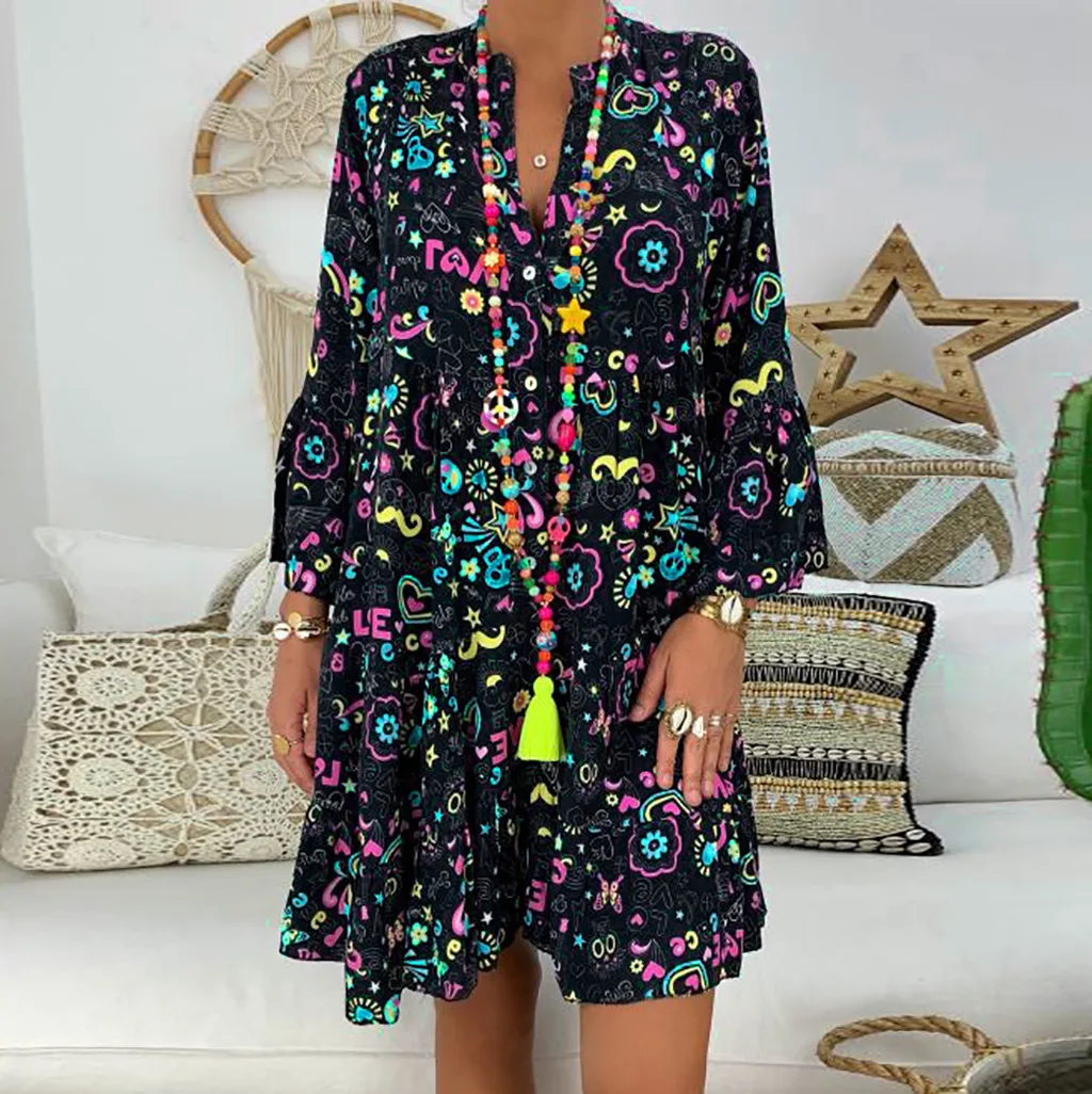 Button Women's Mini Long Sleeve Dress Ladies Print Size Loose V- Women's Dress Robe Formal Feminino Chic Vestido
Button Women's Mini Long Sleeve Dress Ladies Print Size Loose V- Women's Dress Robe Formal Feminino Chic Vestido