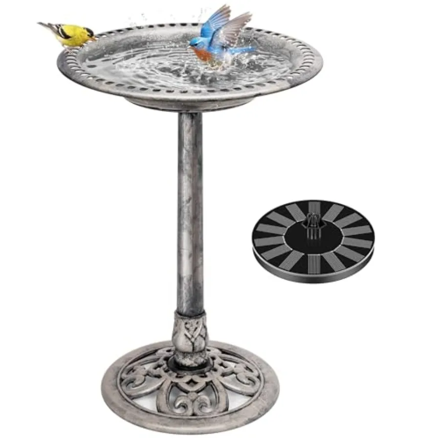 Outdoor bird bath with solar fountain, polyresin pedestal, gray, weather-resistant, 20-inch bowl, solar-powered pump for garden
Outdoor bird bath with solar fountain, polyresin pedestal, gray, weather-resistant, 20-inch bowl, solar-powered pump for garden