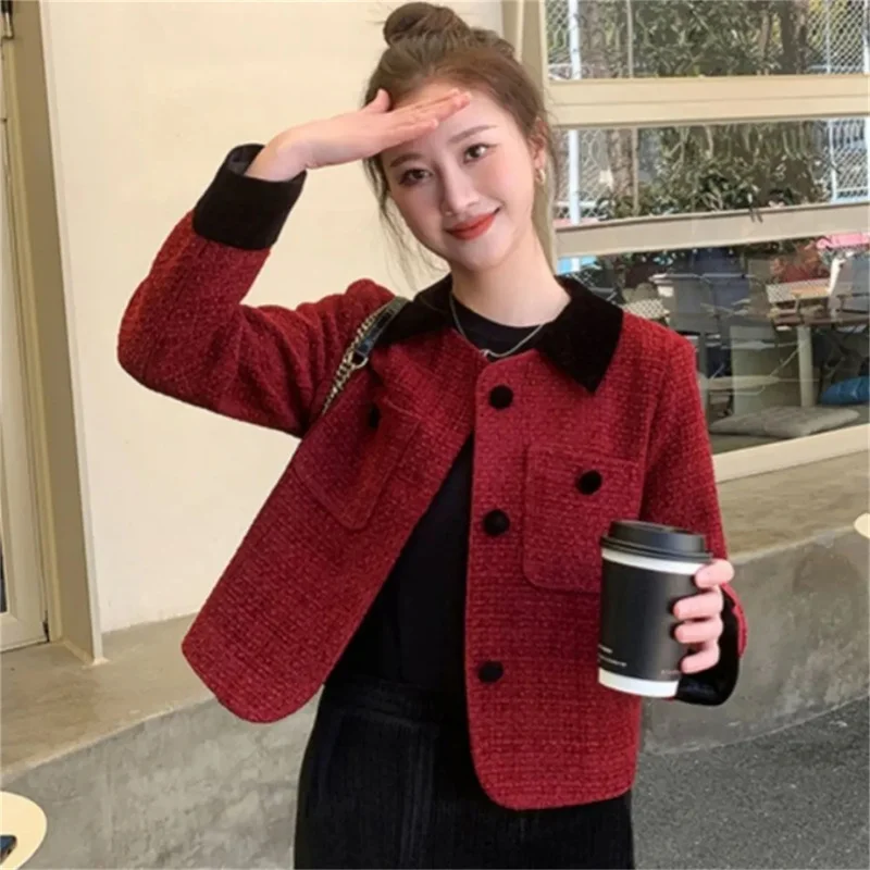 Wine Red Tweed Coats Female 2025 Autumn Winter Coats New Fashion Short Small Fragrance Jacket Korean All-Match Lapel Outerwear
Wine Red Tweed Coats Female 2025 Autumn Winter Coats New Fashion Short Small Fragrance Jacket Korean All-Match Lapel Outerwear