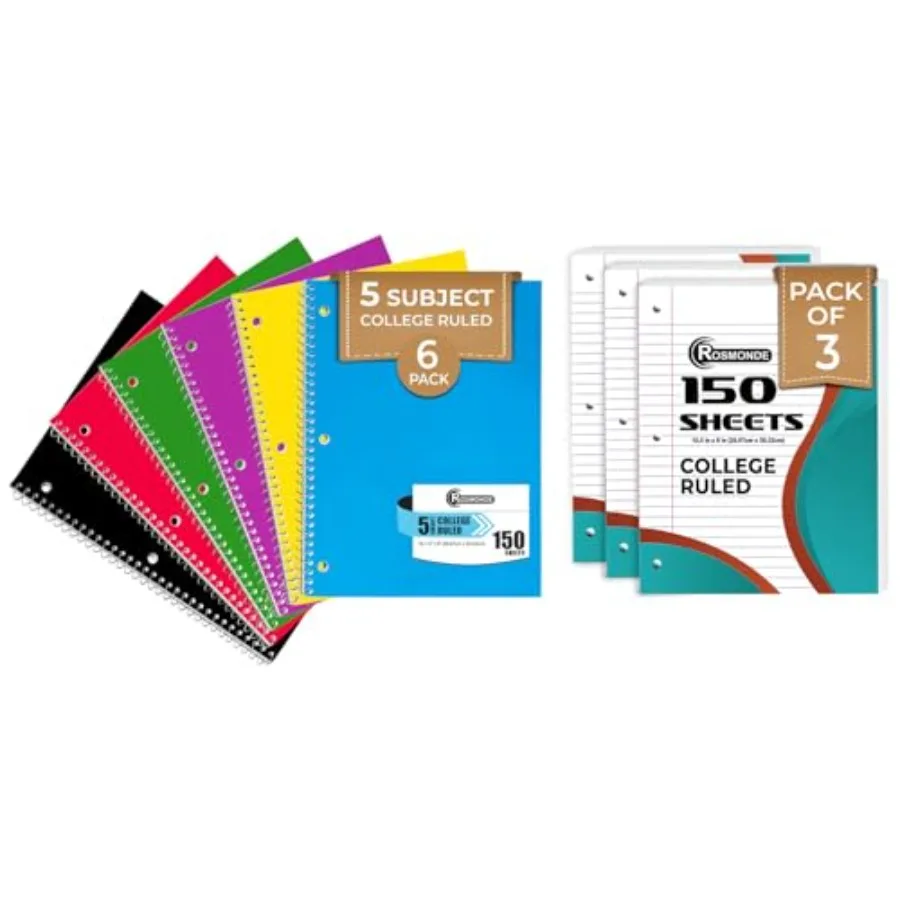 College Ruled Combo, Loose Leaf Paper, 450 Sheets, 3 Pack, 3 Hole Punched, Filler Paper and Spiral Notebook, 6 Pack, 5 Subject,
College Ruled Combo, Loose Leaf Paper, 450 Sheets, 3 Pack, 3 Hole Punched, Filler Paper and Spiral Notebook, 6 Pack, 5 Subject,