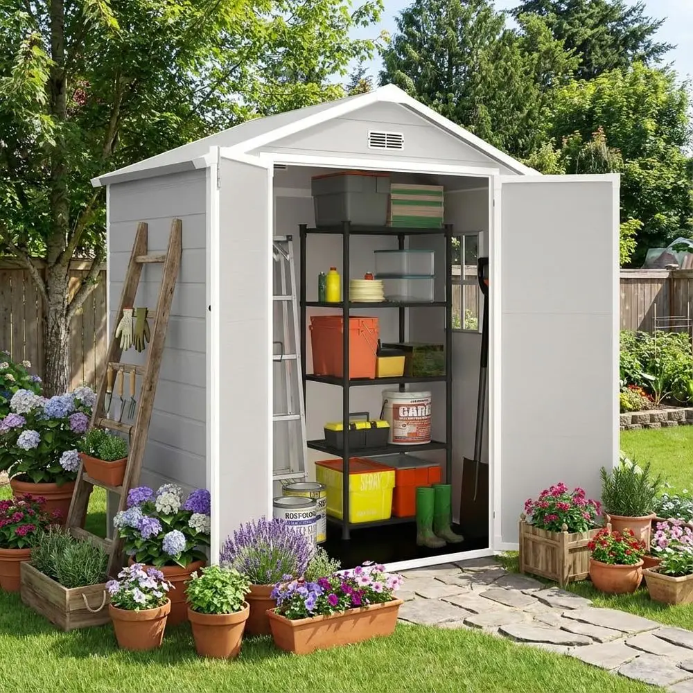 6ft x 4ft Outdoor Shed with Floor, Waterproof & UV-Protected Resin, Lockable Doors, Air Vents, and Side Window - Light Gray
6ft x 4ft Outdoor Shed with Floor, Waterproof & UV-Protected Resin, Lockable Doors, Air Vents, and Side Window - Light Gray