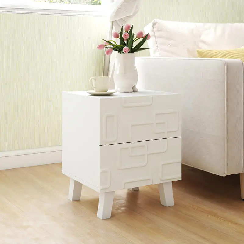 Modern Nightstand Side Table with Drawers and 3D Geometric Patterns-White
Modern Nightstand Side Table with Drawers and 3D Geometric Patterns-White