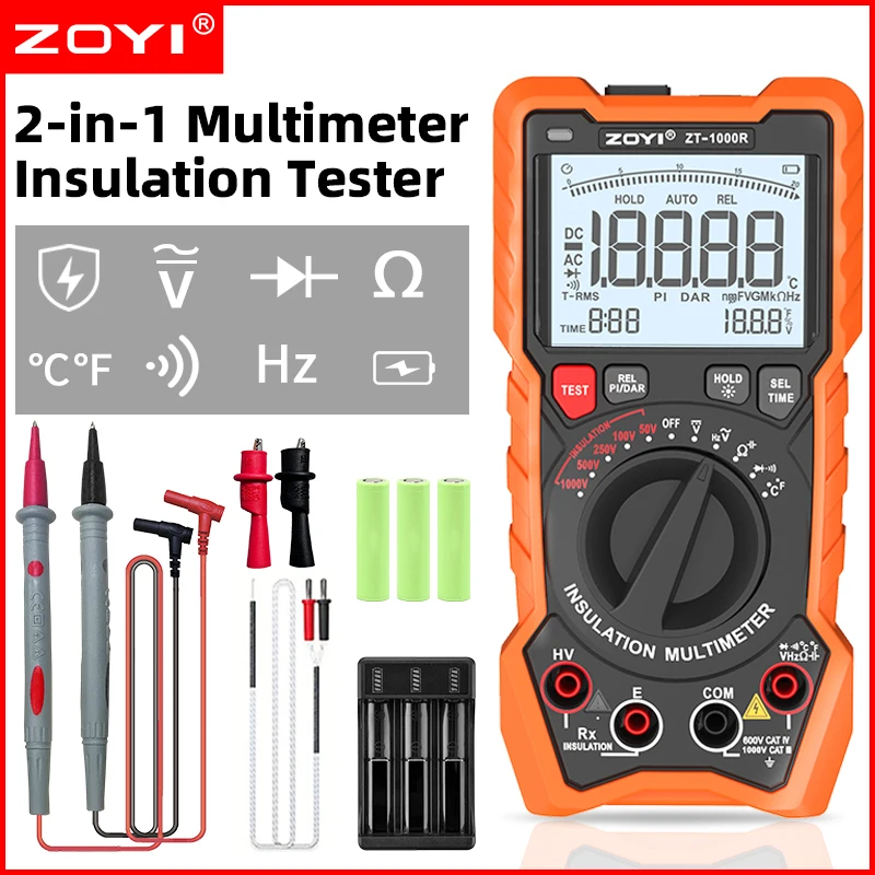 2-in-1 Megohmmeter 1000V with DAR & Digital Multimeter, Insulation Resistance up to 20GΩ, 19999 Counts, for Professional
2-in-1 Megohmmeter 1000V with DAR & Digital Multimeter, Insulation Resistance up to 20GΩ, 19999 Counts, for Professional