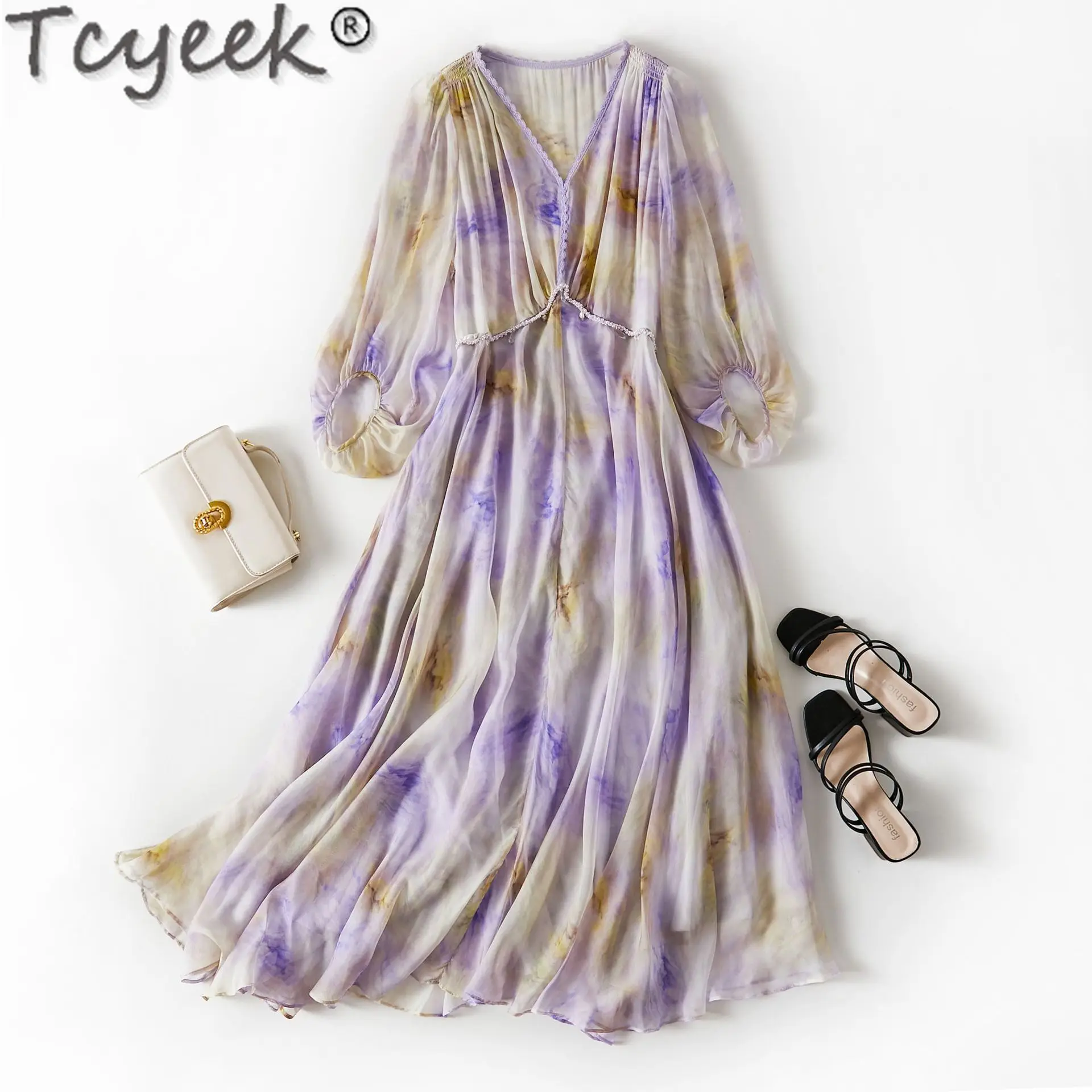 Tcyeek Pure Mulberry Silk Beach Dresses for Women Clothing 2024 Spring Summer Print Dress V-neck Womens Dresses Vestido Feminino
Tcyeek Pure Mulberry Silk Beach Dresses for Women Clothing 2024 Spring Summer Print Dress V-neck Womens Dresses Vestido Feminino