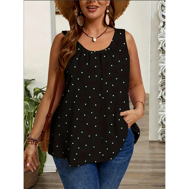 Plus Size - Plus Size - Women'S Sleeveless Top with a Black Background And White Polka, Loose-Fitting, Casual
Plus Size - Plus Size - Women'S Sleeveless Top with a Black Background And White Polka, Loose-Fitting, Casual