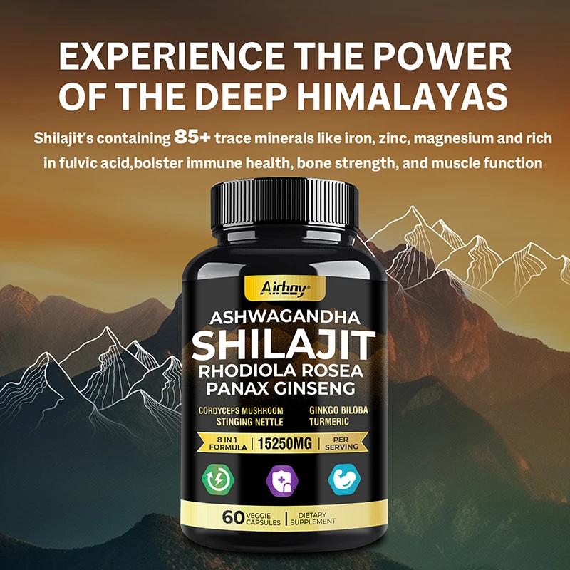 Ashwagandha, Shilajit, Rhodiola, Ginseng Capsules - Increase Muscle Mass, Improve Endurance, Energy Supplement
Ashwagandha, Shilajit, Rhodiola, Ginseng Capsules - Increase Muscle Mass, Improve Endurance, Energy Supplement