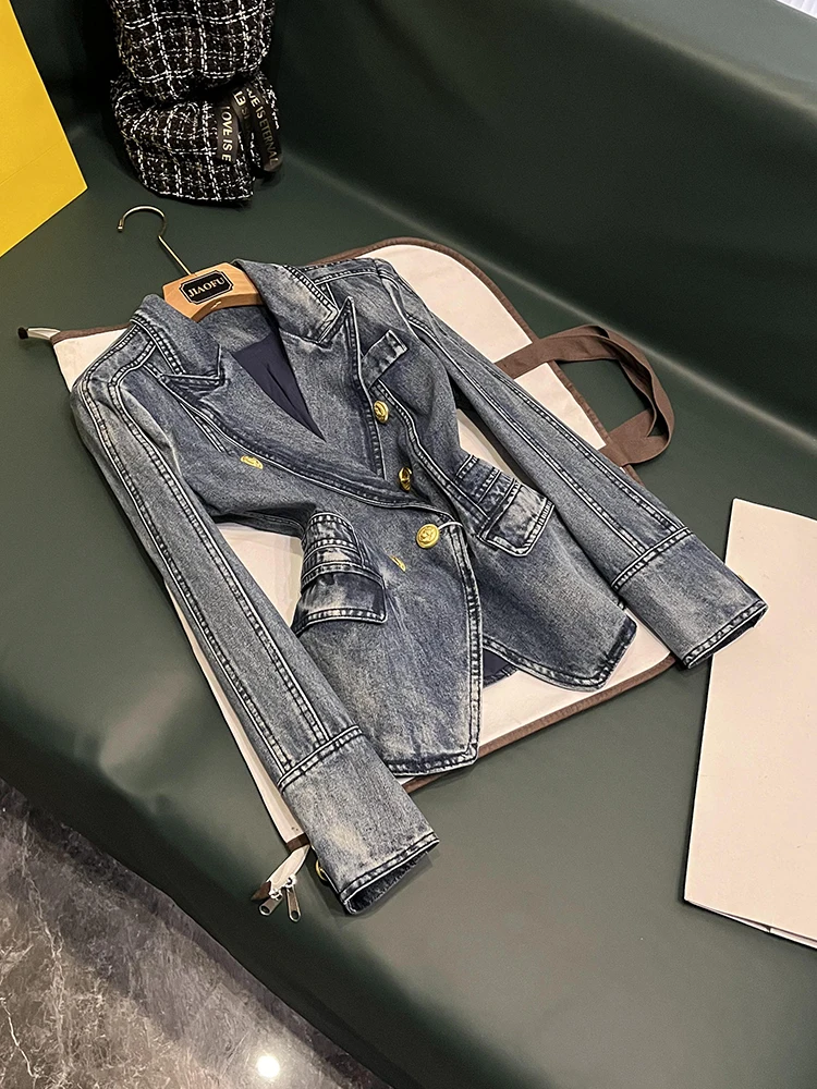 Ele Blue Slim Fit Двубортный джинсовый костюм Jaet с высокой талией Сводная верхняя одежда для женщин для поездок на работу Sle 
Ele Blue Slim Fit Двубортный джинсовый костюм Jaet с высокой талией Сводная верхняя одежда для женщин для поездок на работу Sle