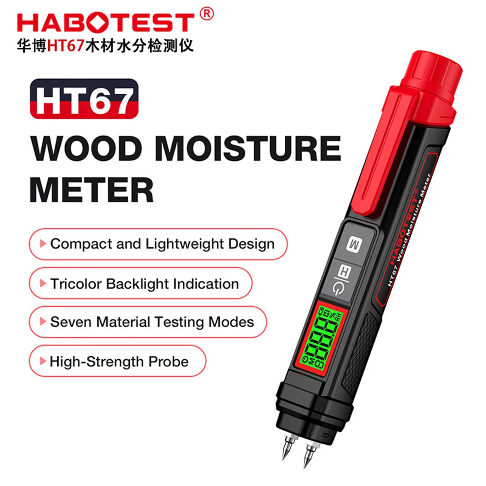 HT67 Digital Wood Moisture Meter 7 Material Modes 0-58% Range with Pin Probe, Backlight & Data Hold for Timber Floor Building
HT67 Digital Wood Moisture Meter 7 Material Modes 0-58% Range with Pin Probe, Backlight & Data Hold for Timber Floor Building