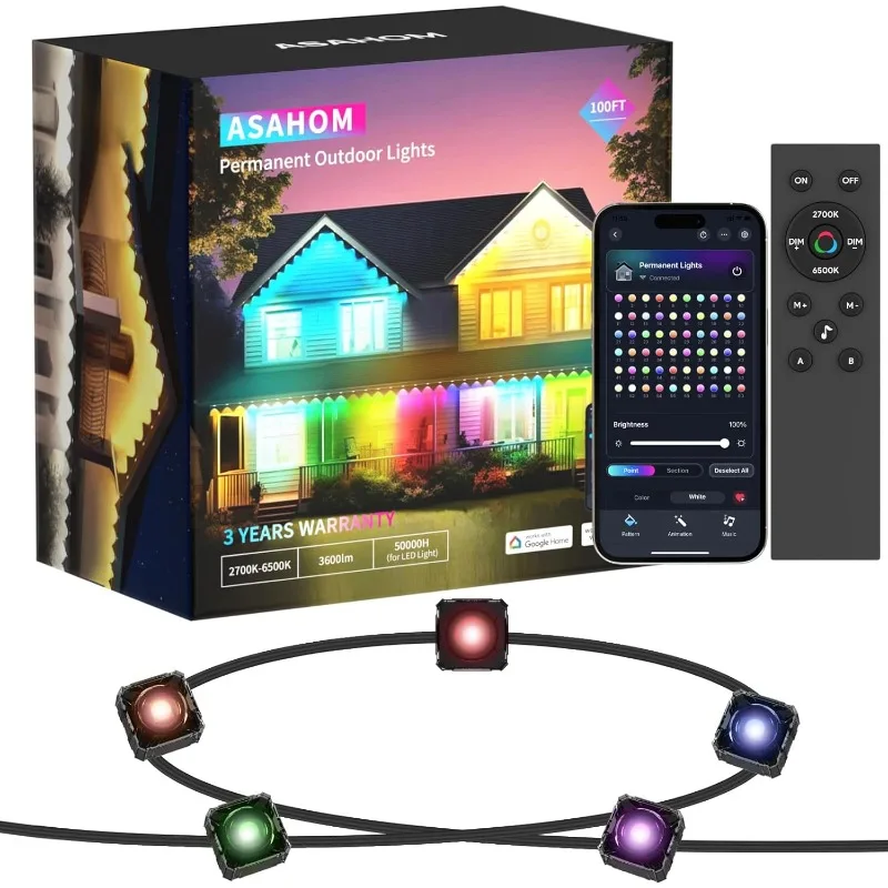 ASAHOM Permanent Outdoor Lights for House, 100ft with 60 RGBCW LED Smart Eave Lights, 3600lm Super Bright, IP67 Waterproof
ASAHOM Permanent Outdoor Lights for House, 100ft with 60 RGBCW LED Smart Eave Lights, 3600lm Super Bright, IP67 Waterproof