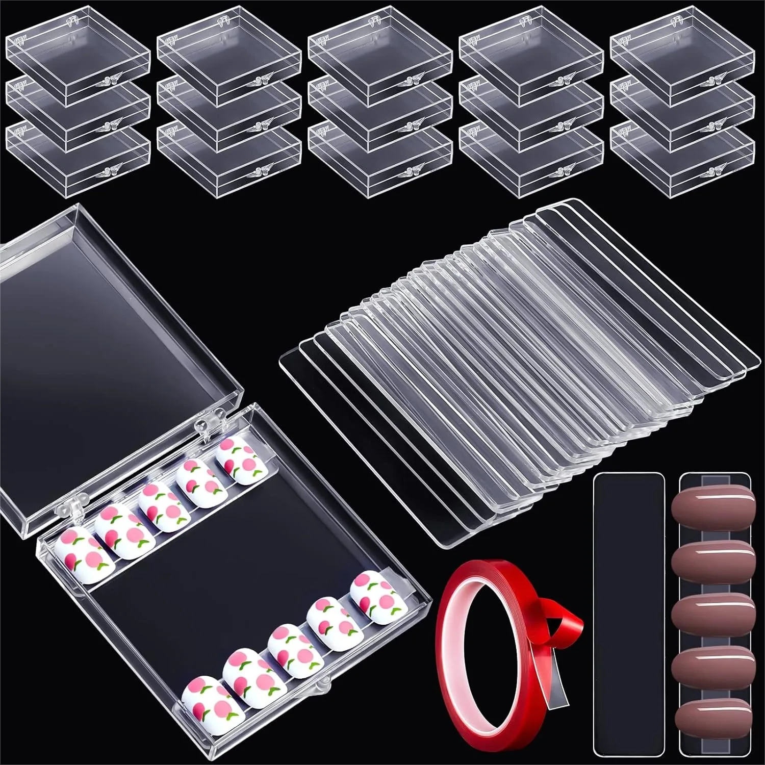 66 Pcs Artificial Nail Storage Box and Display Stand Set, 15 Plastic False Nail Packaging Boxes, 50 Clear Press on Nail Stands
66 Pcs Artificial Nail Storage Box and Display Stand Set, 15 Plastic False Nail Packaging Boxes, 50 Clear Press on Nail Stands