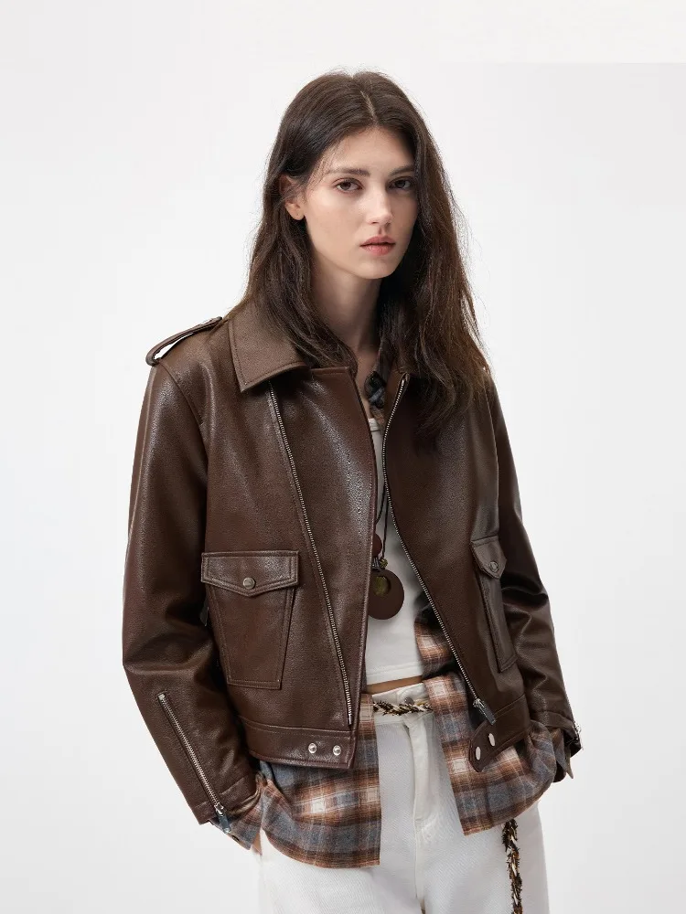Real Sheepskin Leather Jacket Women's Short Motorcycle Leather Jacket Zipper chaqueta cuero Natural Leather Coat Brown
Real Sheepskin Leather Jacket Women's Short Motorcycle Leather Jacket Zipper chaqueta cuero Natural Leather Coat Brown