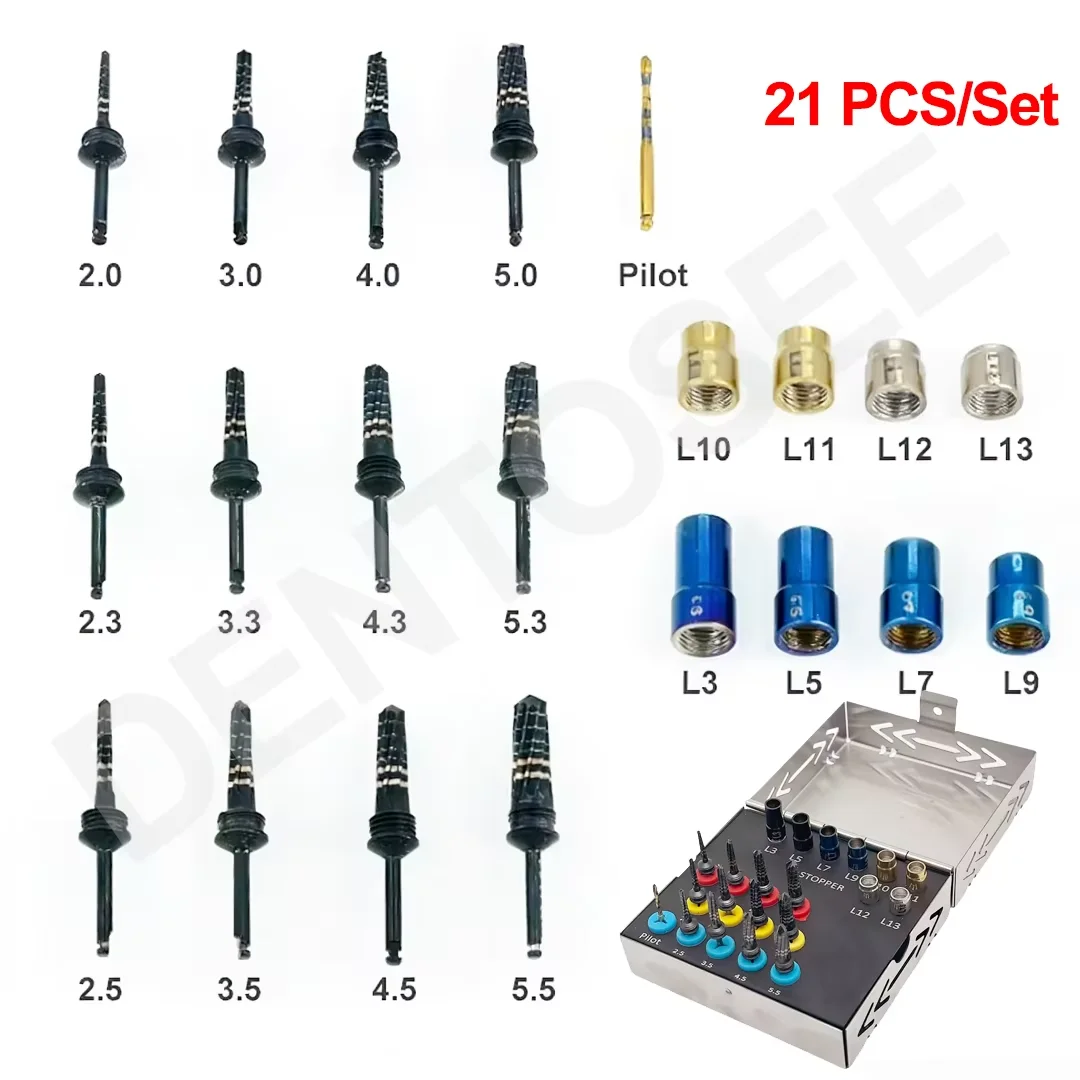 21Pcs/Set Titanium Coated Osseodensification Bur Drills Kit Dental Implant System Drivers with Stoppers Dentist Instrument
21Pcs/Set Titanium Coated Osseodensification Bur Drills Kit Dental Implant System Drivers with Stoppers Dentist Instrument