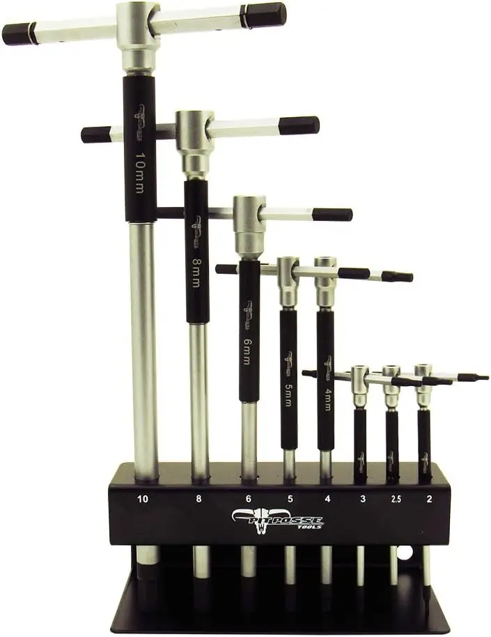 8pc Metric T-Handle Hex Key Wrench Set with Rotating Sleeve for Fast Action - Includes Storage Rack - High Carbon Steel
8pc Metric T-Handle Hex Key Wrench Set with Rotating Sleeve for Fast Action - Includes Storage Rack - High Carbon Steel