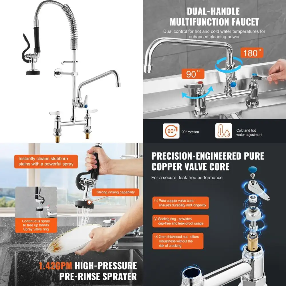 Commercial Deck Mount Kitchen Sink Faucet with Pre-Rinse Sprayer, 26 Height, 8 Center, 12 Swing Spout, Brass Construction for Lo
Commercial Deck Mount Kitchen Sink Faucet with Pre-Rinse Sprayer, 26 Height, 8 Center, 12 Swing Spout, Brass Construction for Lo