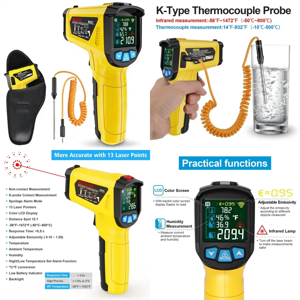 WAP01 IR02C Thermometer K-Type Probe Color Backlit LCD Humidity Sensor-Digital Temperature IR for Cooking
WAP01 IR02C Thermometer K-Type Probe Color Backlit LCD Humidity Sensor-Digital Temperature IR for Cooking