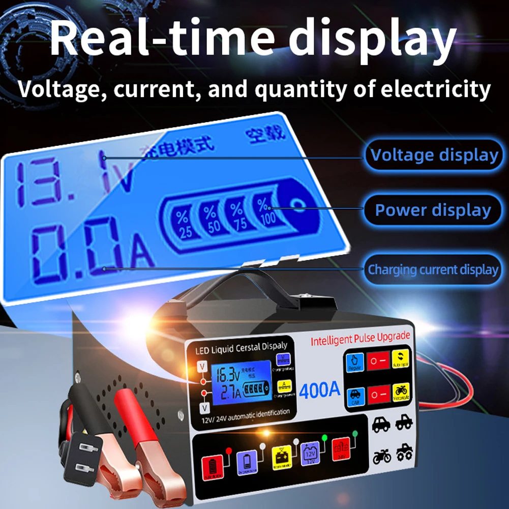 400A Car Battery Charger 12V/24V Intelligent Pulse Repair Charger Full Automatic Car Battery Charger Self-Stop Battery Charger
400A Car Battery Charger 12V/24V Intelligent Pulse Repair Charger Full Automatic Car Battery Charger Self-Stop Battery Charger