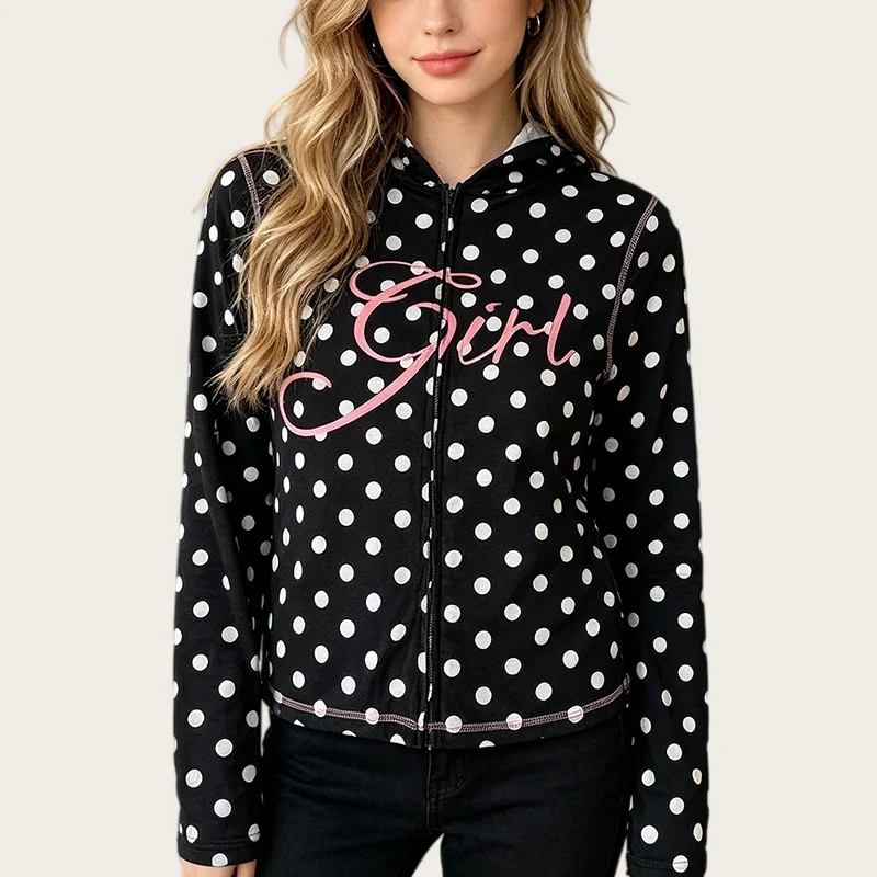 Summer New Women Y2K Polka Dot Hoodie Black Zip-Up Cropped Jacket with Pink "Girl" Letter Print Slim Fit Long Sleeve Casual Top
Summer New Women Y2K Polka Dot Hoodie Black Zip-Up Cropped Jacket with Pink "Girl" Letter Print Slim Fit Long Sleeve Casual Top