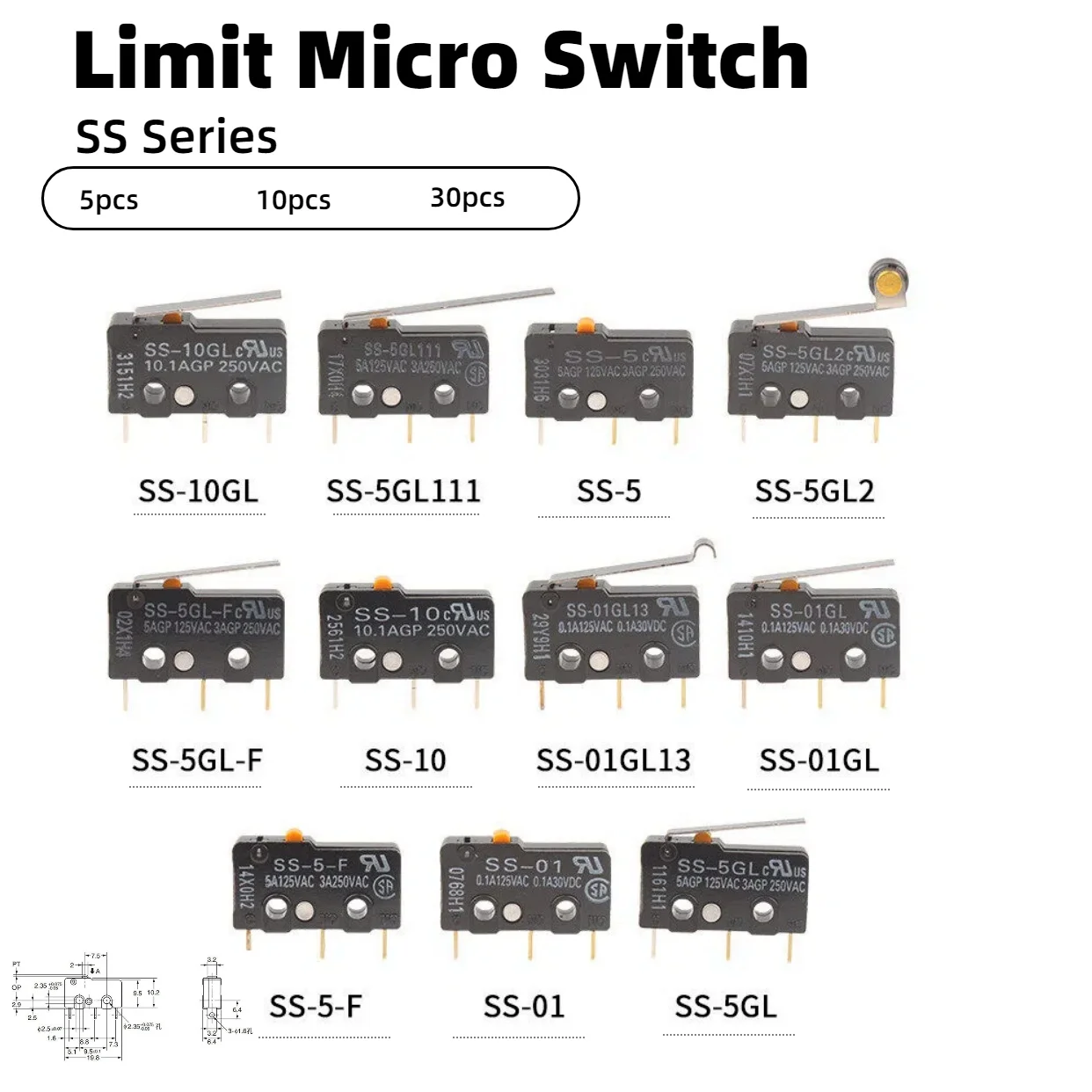 5/10/30PCS Limit Micro Switch SS-5 SS-5GL SS-5GL2 SS-5GL13 SS-5-F SS-5GL-F SS-10 SS-01 GL GL2 GL13 SS-5GL111