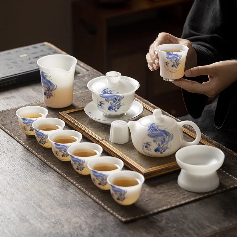 Ice seed vegetarian tea set Dehua suet jade white porcelain cover bowl set Koi Xianrui
Ice seed vegetarian tea set Dehua suet jade white porcelain cover bowl set Koi Xianrui