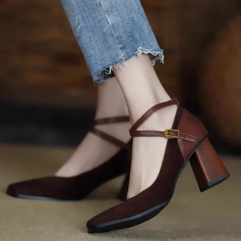 New style women's high heels abrasive leather retro stitched square head chunky heel cross-buckle Mary Jane single shoes traf
New style women's high heels abrasive leather retro stitched square head chunky heel cross-buckle Mary Jane single shoes traf