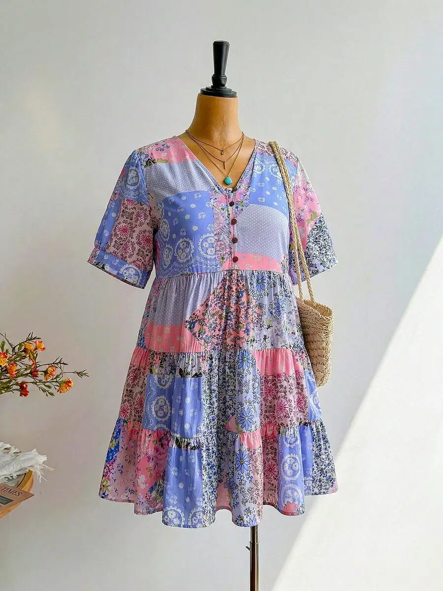 Plus Size Women Blue Floral V-Neck Short Sleeve Bohemian Tiered Dress Summer Beach Festival
Plus Size Women Blue Floral V-Neck Short Sleeve Bohemian Tiered Dress Summer Beach Festival