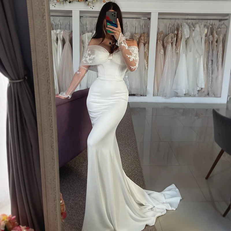 Eightree Elegant White Mermaid Wedding Dresses Off The Shoulder Satin Evening Dress Boho Appliques Wedding Prom Gowns Plus Size
Eightree Elegant White Mermaid Wedding Dresses Off The Shoulder Satin Evening Dress Boho Appliques Wedding Prom Gowns Plus Size