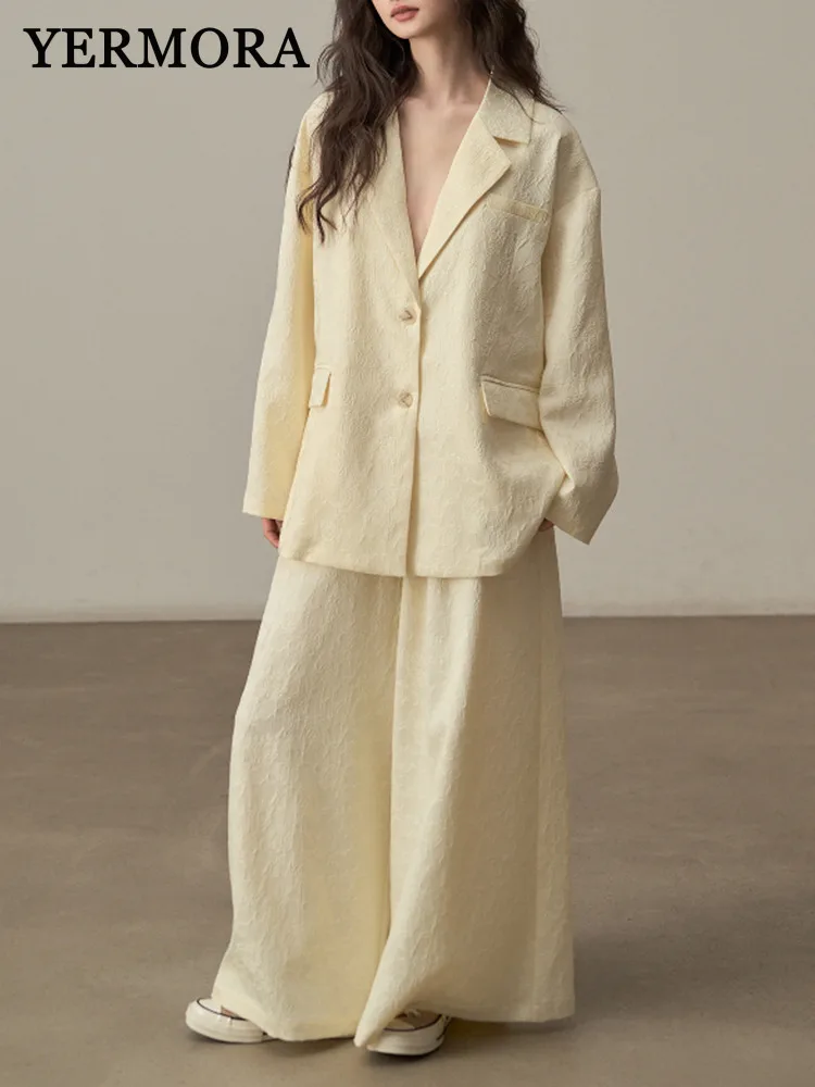 YERMORA Women Beige Jacquard Elegant Blazer Lapel Long Sleeve Two Pieces Set Loose Wide Leg Pants Fashion Spring Autumn 2025
YERMORA Women Beige Jacquard Elegant Blazer Lapel Long Sleeve Two Pieces Set Loose Wide Leg Pants Fashion Spring Autumn 2025