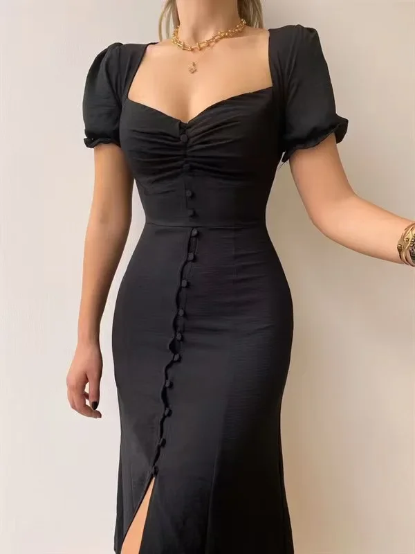 Womens Dresses 2024 Summer New Solid Color Elegant Temperament Short Sleeve Bubble Sleeves Fashion Sweet High Split Long Dress
Womens Dresses 2024 Summer New Solid Color Elegant Temperament Short Sleeve Bubble Sleeves Fashion Sweet High Split Long Dress