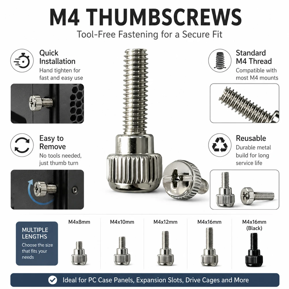 10-30pcs M4 Black/Silver Metal PC Case Thumb Screws, Slotted Phillips Hand Tighten Bolt for Computer Cover, Hardware Fastener
10-30pcs M4 Black/Silver Metal PC Case Thumb Screws, Slotted Phillips Hand Tighten Bolt for Computer Cover, Hardware Fastener