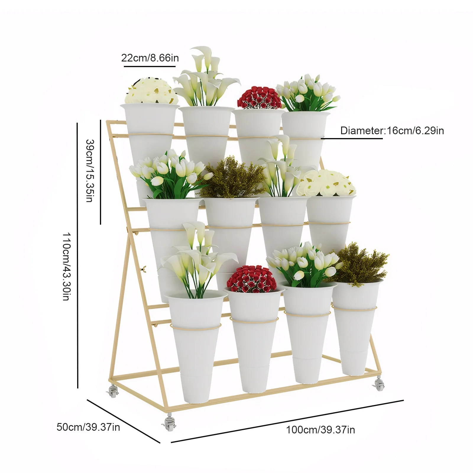 Flower Display Stand 3 Layers Metal Florist Shelf 12 Barrel Capacity Golden Frame Metal Shelf Plant Stand for Fresh Flower Shop
Flower Display Stand 3 Layers Metal Florist Shelf 12 Barrel Capacity Golden Frame Metal Shelf Plant Stand for Fresh Flower Shop