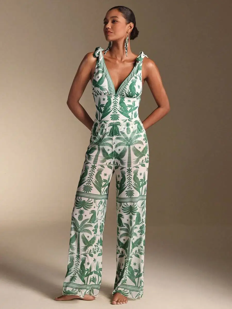 Womens Tropical Print Wide Leg Jumpsuit With Tie Shoulder
Womens Tropical Print Wide Leg Jumpsuit With Tie Shoulder