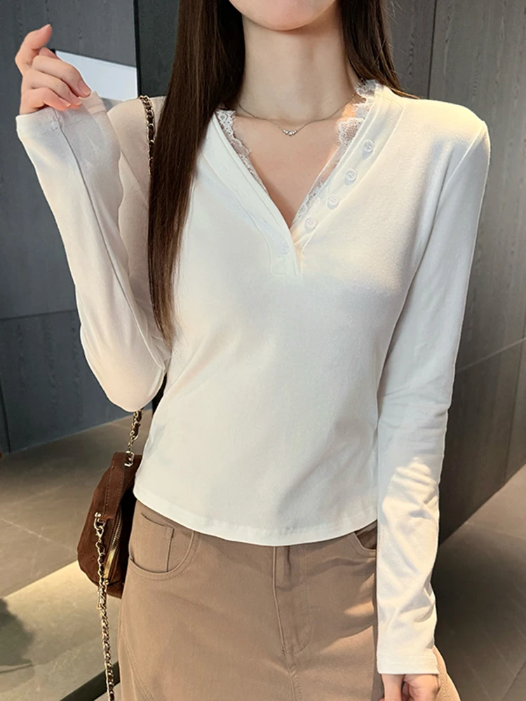 White V-Ne Long Sve Lace Base irt Women's Slim Fit T-irt Spring 2026 Design Sensation Body a Top
White V-Ne Long Sve Lace Base irt Women's Slim Fit T-irt Spring 2026 Design Sensation Body a Top