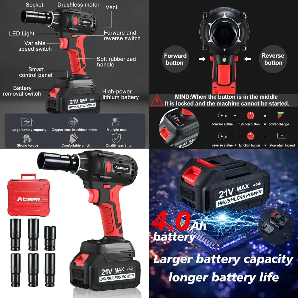 21V Cordless Impact Wrench, 400N.m Max Torque, 3000rpm Speed, 4.0Ah Li-ion Battery, 6Pcs Driver Sockets, Fast Charger, Tool Bag
21V Cordless Impact Wrench, 400N.m Max Torque, 3000rpm Speed, 4.0Ah Li-ion Battery, 6Pcs Driver Sockets, Fast Charger, Tool Bag