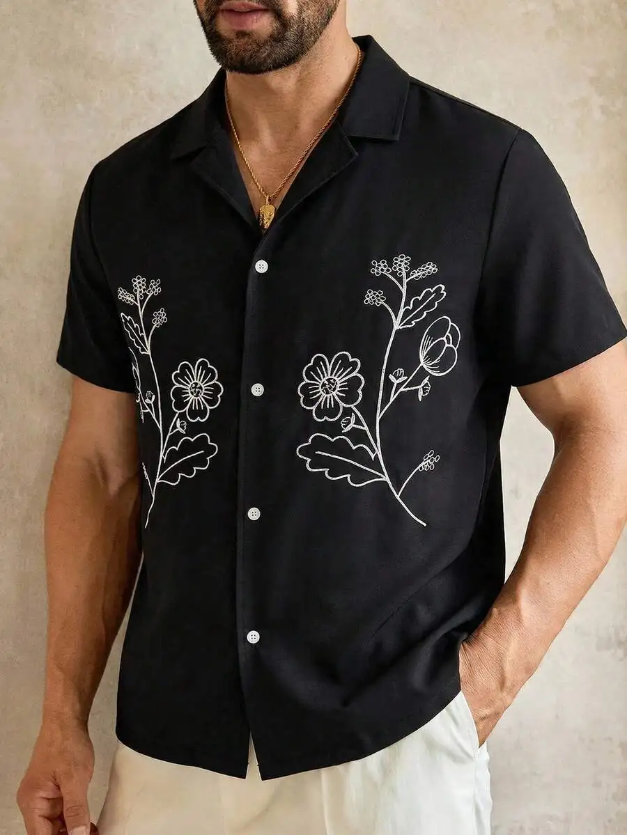 Mens Black Floral Line Art Embroidered Cuban Collar Short Sleeve Casual Shirt
Mens Black Floral Line Art Embroidered Cuban Collar Short Sleeve Casual Shirt
